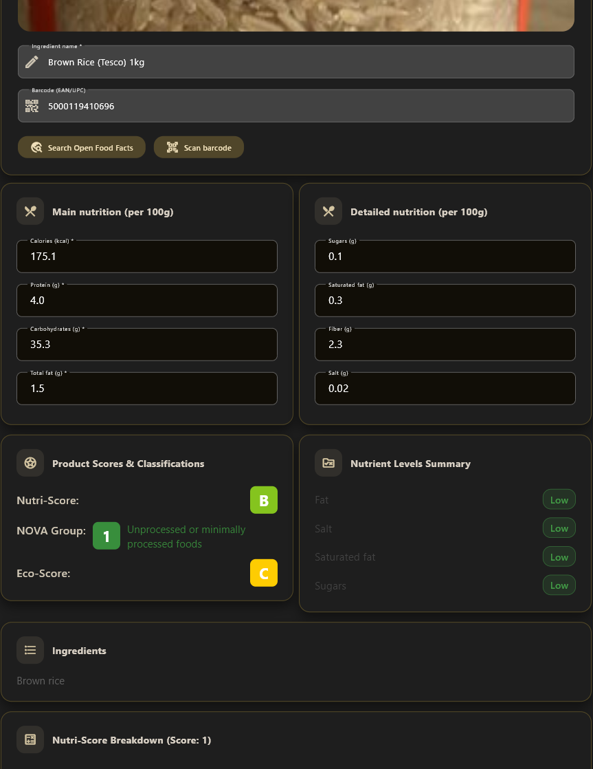 Barcode scanner add ingredient screen
