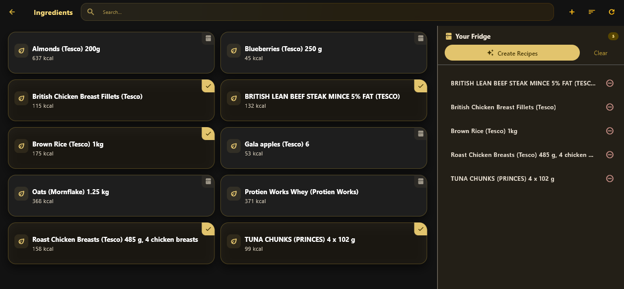 Smart Fridge ingredients list screen