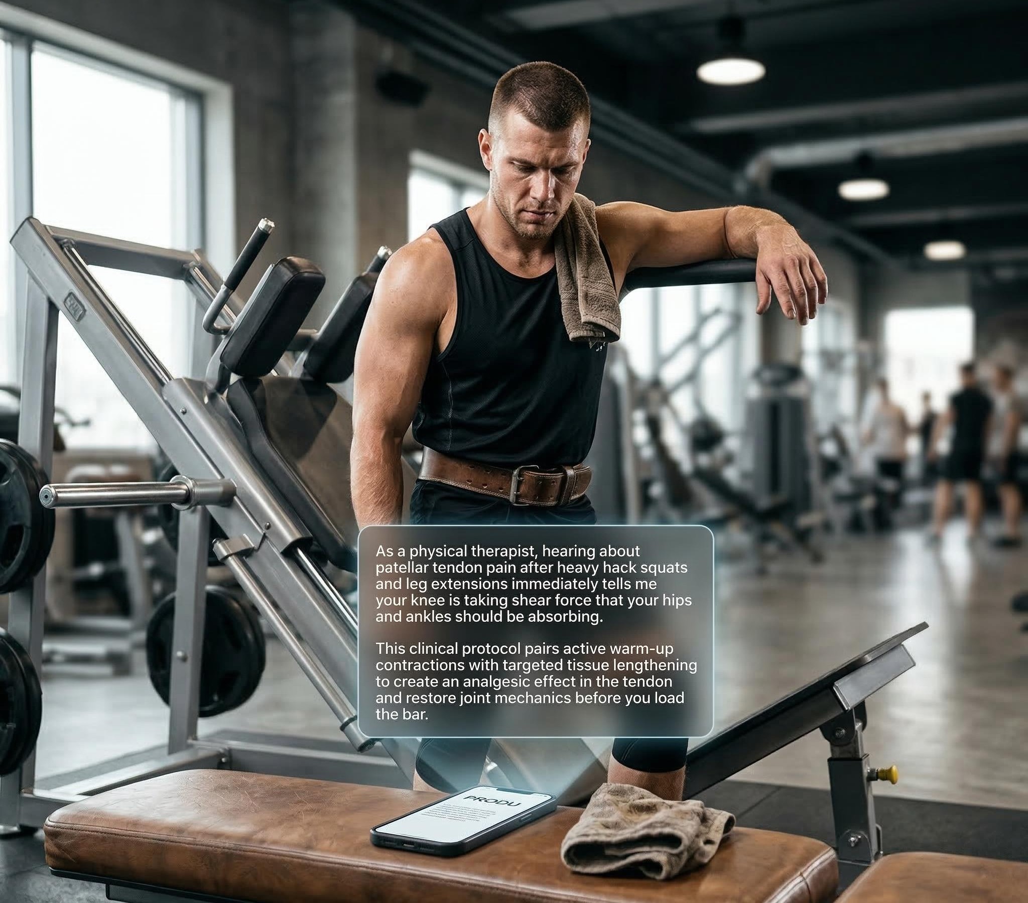 Athlete performing a hack squat during a patellar tendon protocol