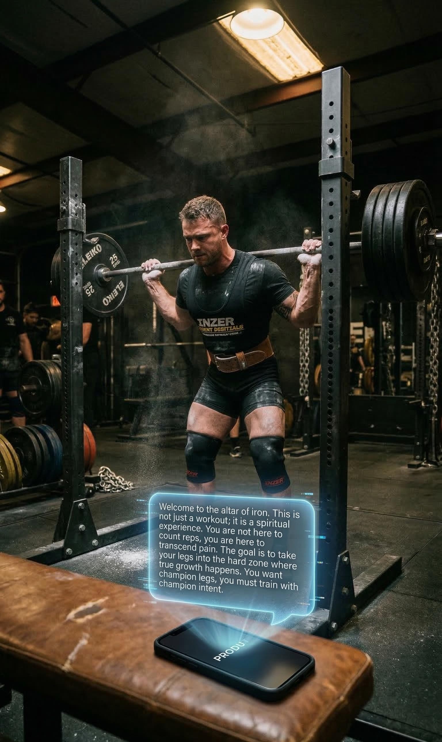 Athlete preparing for a heavy squat while receiving influencer-style coaching on a phone