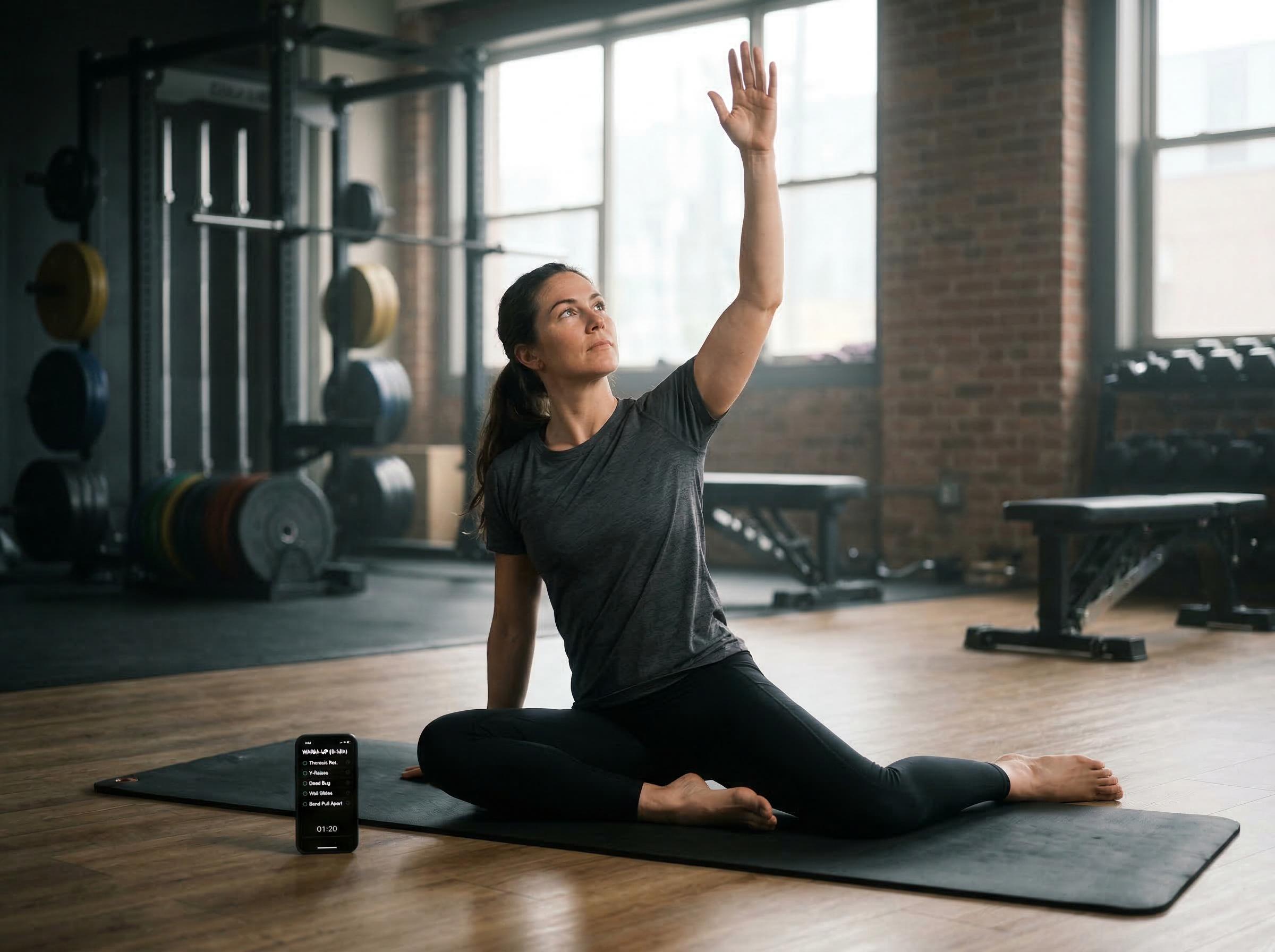Athlete performing pressing pre-hab mobility sequence in the gym