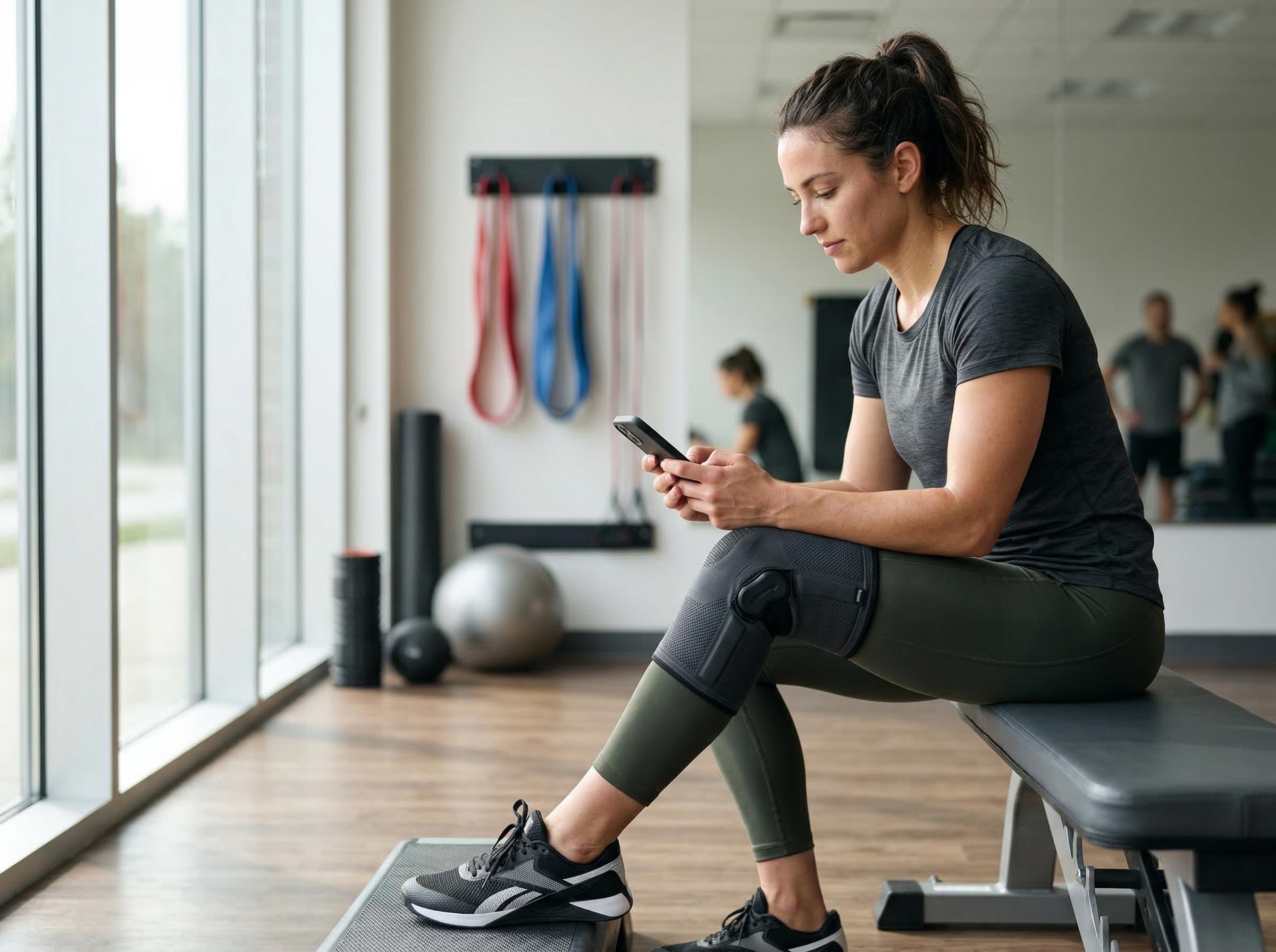 Woman in ACL recovery reviewing a rehabilitation workout on her phone